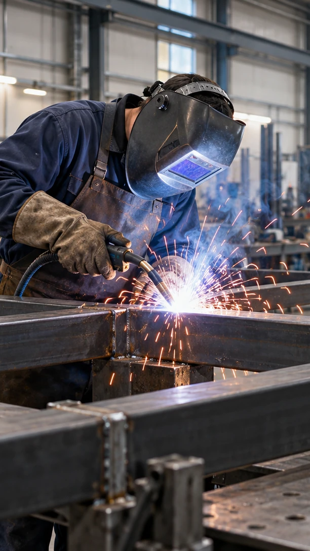 Welder working on structural steel in an industrial fabrication workshop